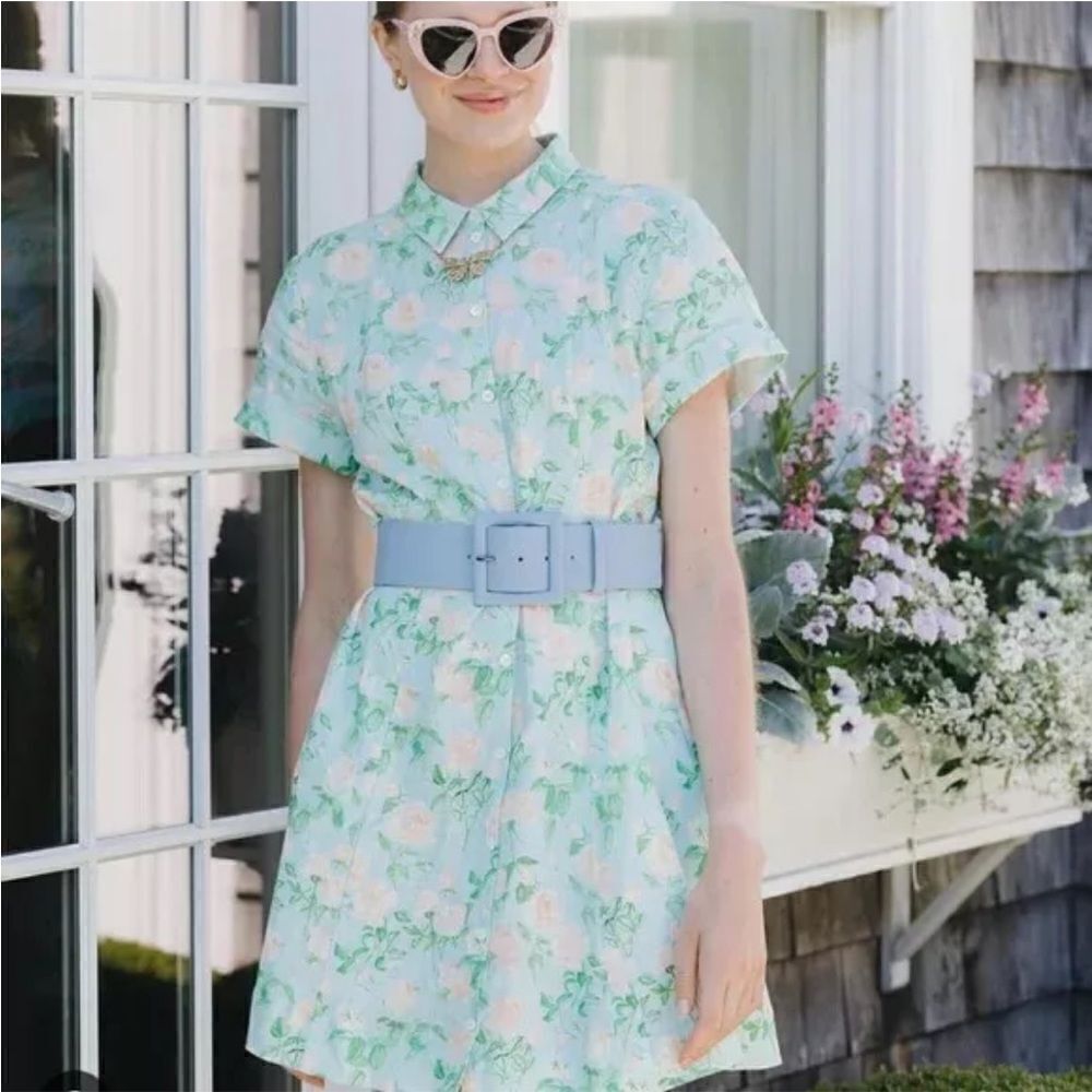 Hill House The Laura Floral Green Sz Small Shirtdress Linen Short Sleeve Button